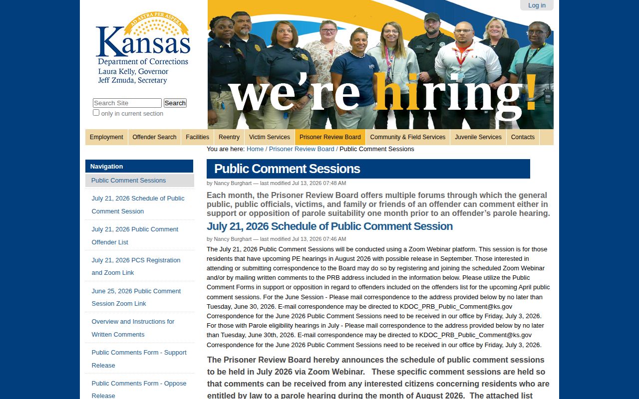 Kansas Prisoner Review Board schedule for Stafford County parole review