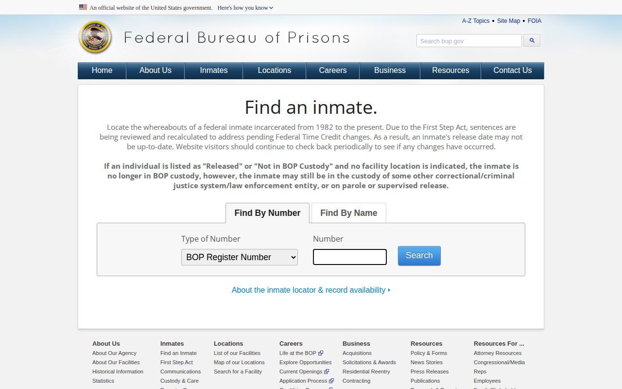 Federal Bureau of Prisons former-inmate locator search screen